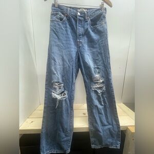 Levi's Women's Distressed Straight Ribcage Blue Straight Jeans